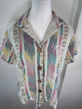 En Crème Islander Button Up Shirt Tropical Short Sleeve Camp Collar